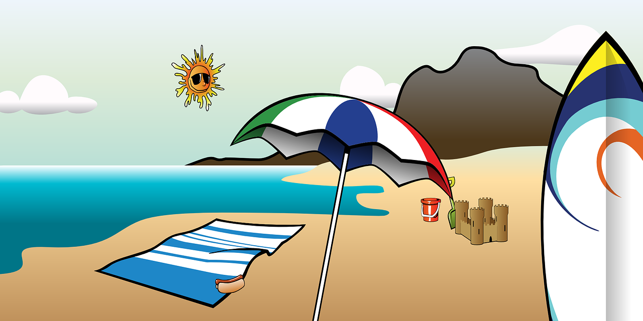 plaża, parasol, koc, zamek z piasku, morze