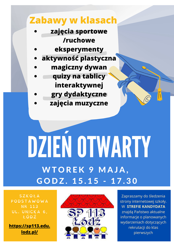 Plakat zachęcający do udziału w Dniu Otwartym szkoły.