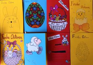 Wystawa kartek wielkanocnych wykonanych na konkurs szkolny.