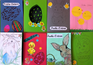 Wystawa kartek wielkanocnych wykonanych na konkurs szkolny.