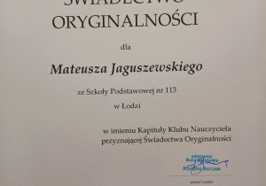 Świadectwo Oryginalności Pana Mateusza Jaguszewskiego.