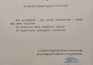 Świadectwo Oryginalności Pana Mateusza Jaguszewskiego.