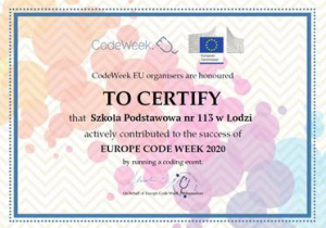 Certyfikat udziału w Europejskim Tygodniu Kodowania.